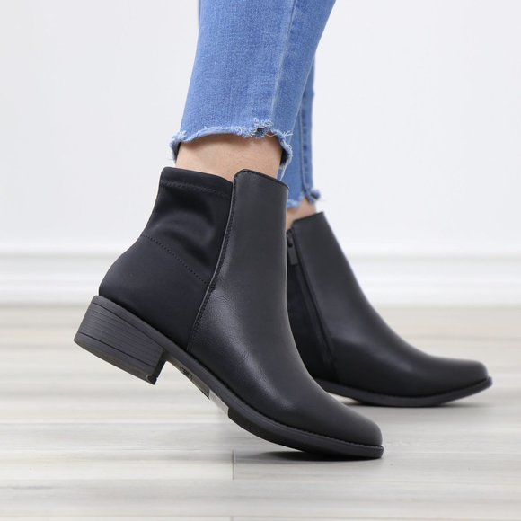 Shoes - Black Dual Material Round Toe Low Heel Ankle Boots